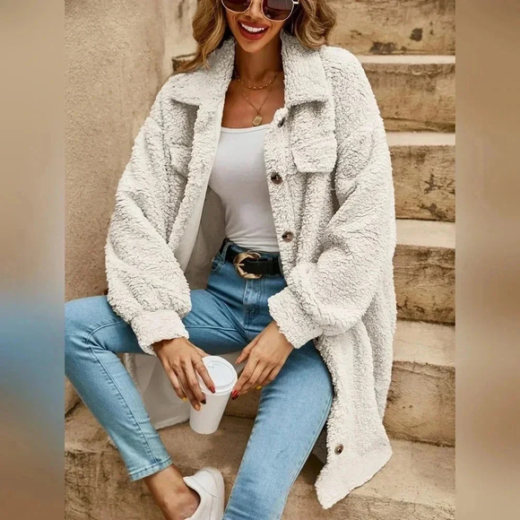 Drop Shoulder Flap Detail Teddy Coat - Picture 1 of 5